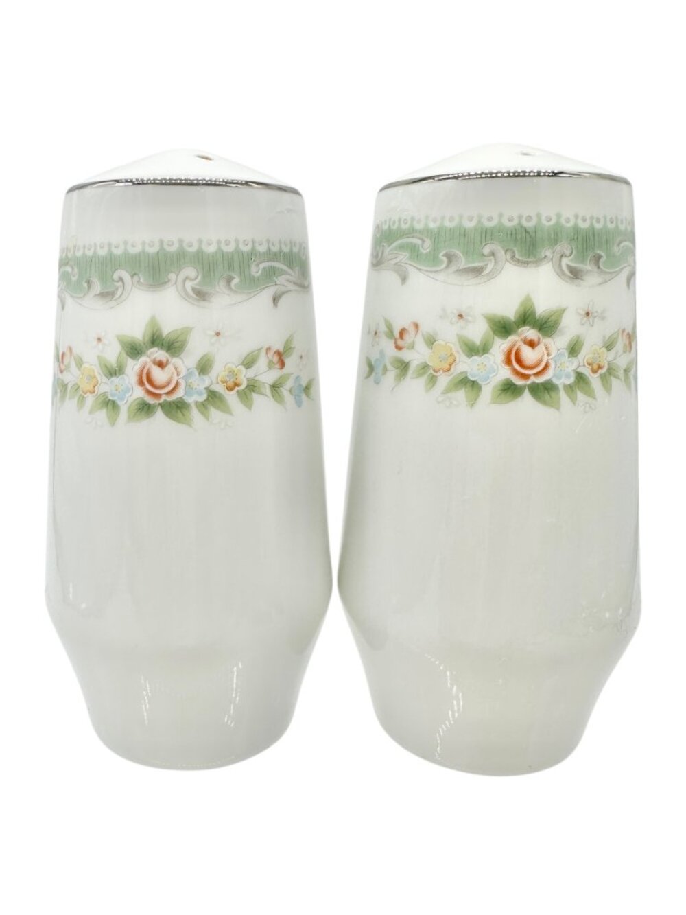 Vtg Floral Porcelain Salt and Pepper Shakers Green Trim Floral Elegant Decor 3.5